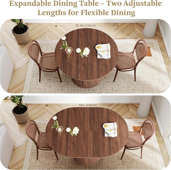 weselon 43"-59" Extendable Round to Oval Dining Table with Hidden Storage, Modern Wooden Kitchen Table with Fluted Sliding Door Cabinet, Expandable Dinner Table for Dining Room Living Room (Walnut)