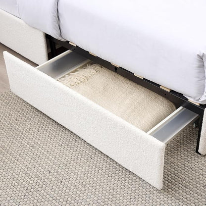 Ball & Cast Queen Size Bed Frame,Boucle Upholstered Platform Bed with Patented 2 Drawers Storage & Curved Stitched Headboard,Wooden Slats Support,No Box Spring Needed,Easy Assembly,Ivory
