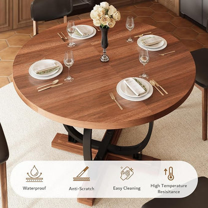 iPormis 59'' Extendable Round Dining Table for 4 to 6, Kitchen Table with Sturdy X-Base Metal Legs, MDF Board with Backboard Clasp, Space Saving, Easy Assembly, Kitchen, Dining Room, Walnut