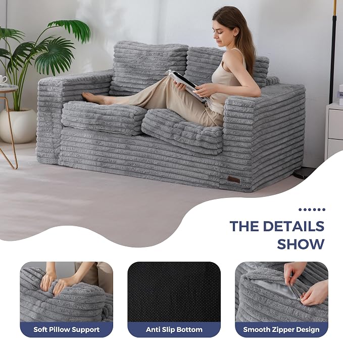 MAXYOYO Boneless Loveseat Sofa Couch for Adults, Floor Bean Bag Couch Sofa | Faux Fur Sofa with Armrests and Back Support, Plush Foam Filled Lounge Couch, Cozy Bean Bag Couch for Living Room, Apartment