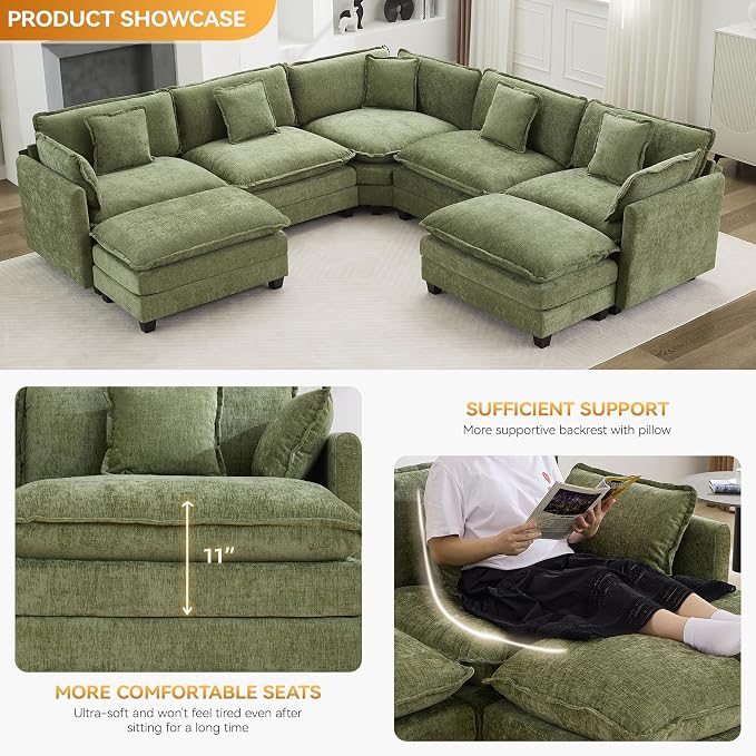 113'' V Shaped Cloud Sectional Sofa, Oversized Deep Seat Couches for Living Room, Chenille Comfy Upholstered Modular Sectional Sofa Couch with 2 Movable Ottoman, Green