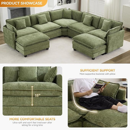 113'' V Shaped Cloud Sectional Sofa, Oversized Deep Seat Couches for Living Room, Chenille Comfy Upholstered Modular Sectional Sofa Couch with 2 Movable Ottoman, Green