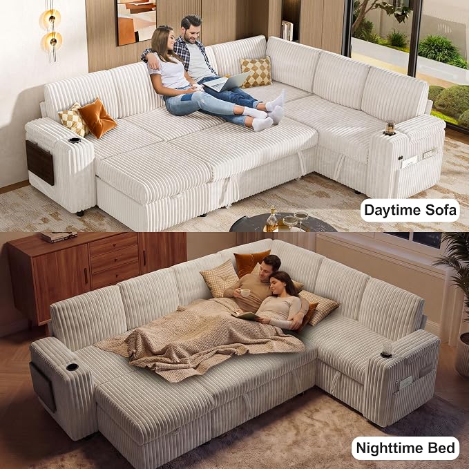Vipbear 111" Modular Sectional Sleeper Sofa with Pull Out Bed, 7 Seat Corduroy L Shaped Couch with Ottoman|USB Ports|Cup Holders|Side Table|Storage Armrest, Tool Free Assembly, Beige