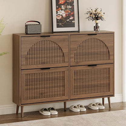 BORNOON Shoe Cabinet for Entryway with 4 Flip Drawers, Slim Wooden Shoe Storage Organizer with Modern Fluted Pannel，Freestanding Narrow Hidden Shoe Rack for Hallway, Foyer, Living Room