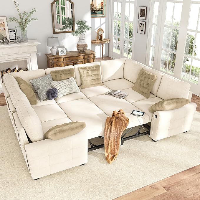 Hanherry Sectional Couch with Pull Out Sofa Bed,Chenille Sleeper Sofa with 2 Seat Storage & USB Charging,Comfy L Shaped Modular Couches for Living Room,Apartment
