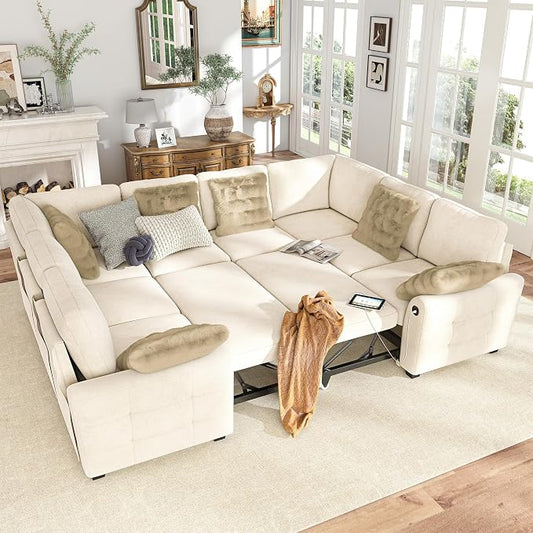 Hanherry Sectional Couch with Pull Out Sofa Bed,Chenille Sleeper Sofa with 2 Seat Storage & USB Charging,Comfy L Shaped Modular Couches for Living Room,Apartment