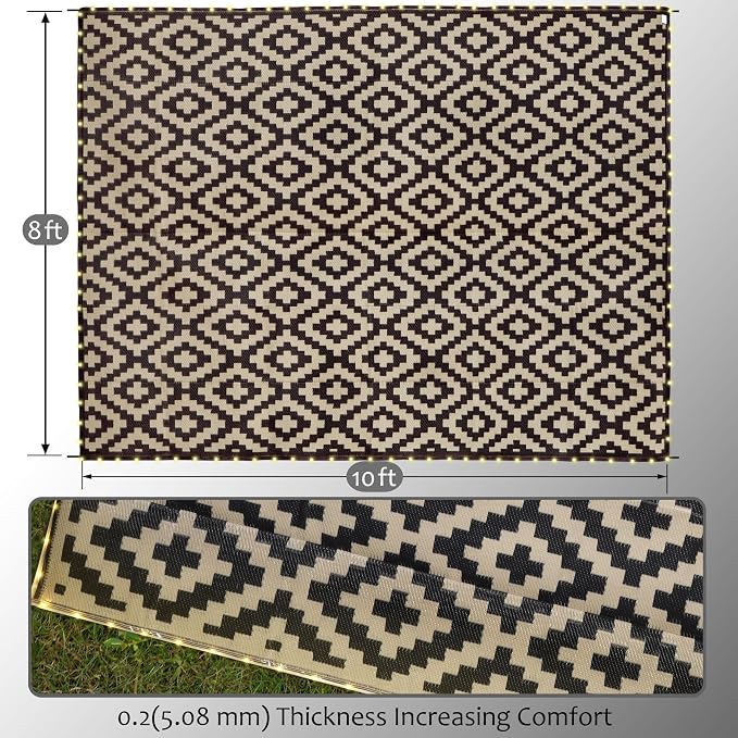 SAND MINE Reversible Mats with Led Strip Lights, Plastic Straw Rug, Modern Area Rug, Large Floor Mat for Outdoors, Patio, Backyard, Deck, Picnic, Camping, Black & Beige, 8' x 10'