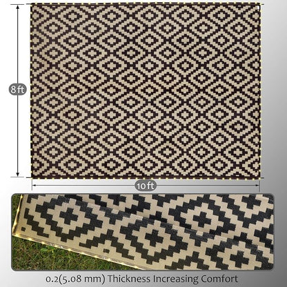 SAND MINE Reversible Mats with Led Strip Lights, Plastic Straw Rug, Modern Area Rug, Large Floor Mat for Outdoors, Patio, Backyard, Deck, Picnic, Camping, Black & Beige, 8' x 10'