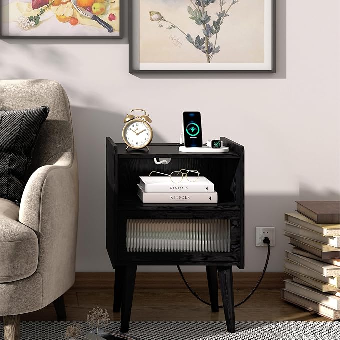 MMEOLUOOK Nightstand with Charging Station, Bedside Tables with Glass Decorative Door, Black Wood Grain End Table, Side Table with 2 Tiers Storage Space for Bedroom Living Room CAMLBZ07XE