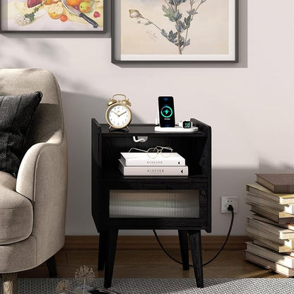 MMEOLUOOK Nightstand with Charging Station, Bedside Tables with Glass Decorative Door, Black Wood Grain End Table, Side Table with 2 Tiers Storage Space for Bedroom Living Room CAMLBZ07XE
