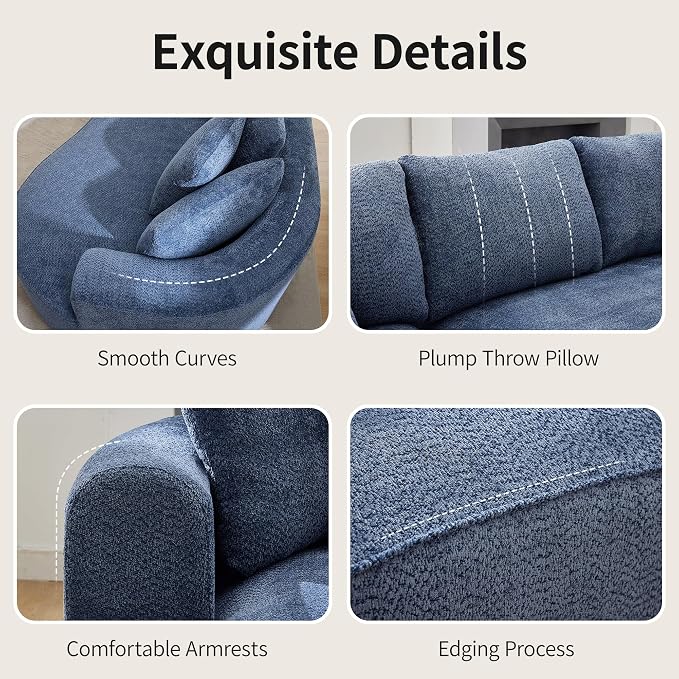 Opiesit 124" Oversized Boneless Couches for Living Room, Sectional Curved Sofa with 7 Pillows, L-Shape Boneless Couch with Deep Seat, High-Density Memory Foam, No Assembly Required, Chenille (Blue)