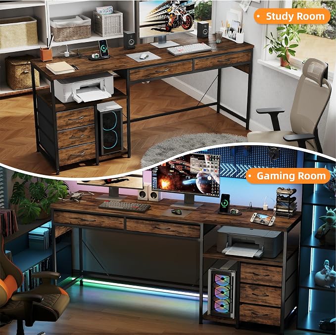 YOSHOOT 60" Computer Desk with 5 Fabric Drawers, Gaming Desk Table | Desk with Storage and Power Outlets, for Adults and Teenagers Working Writing Study, Rustic Brown