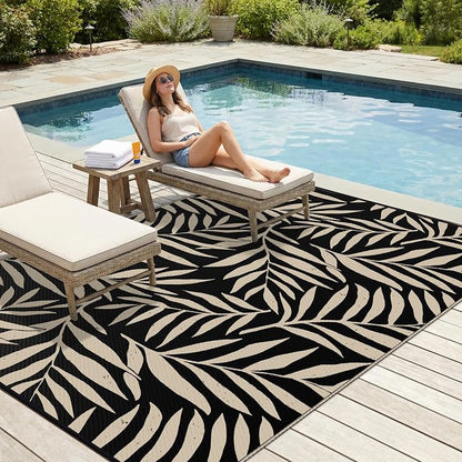Smiry Outdoor Rug 6x9 ft, Waterproof Reversible Plastic Straw Rugs, Outdoor Area Rug with Leaf Pattern, Outside Floor Mat for Patio, Backyard, Deck, Picnic, Beach, Camping, Black & Beige