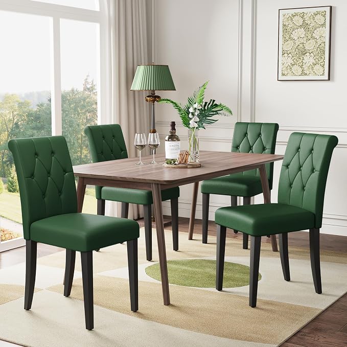 Welzona Upholstered Dining Chairs Set of 4, Button Tufted Parsons Dining Chair with Solid Wood Legs, Modern PU Leather Side Chair for Dining Room/Kitchen/Restaurant/Hotel- Green