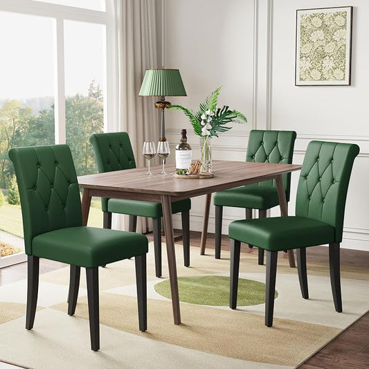Welzona Upholstered Dining Chairs Set of 4, Button Tufted Parsons Dining Chair with Solid Wood Legs, Modern PU Leather Side Chair for Dining Room/Kitchen/Restaurant/Hotel- Green
