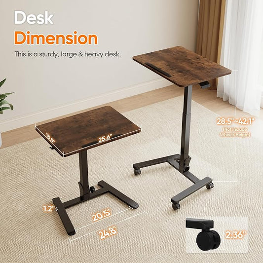 Monomi Mobile Folding Desk 25.6 Inch, Small Sit-Stand Height Adjustable Rolling Laptop Desk, Space-Saving Portable Desk with Wheels for Home Office Craft & Study, Brown