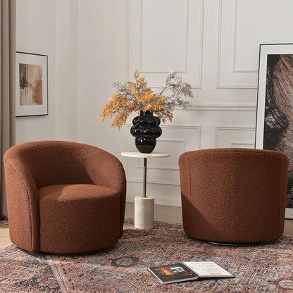 KINWELL 34" W Swivel Barrel Chair Set of 2, Mid Century Modern Round Upholstered Boucle Swivel Accent Chairs, No Assembly Sofa Chair for Living Room Bedroom Reading, Brown