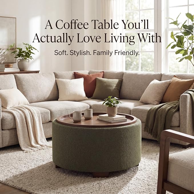 Zihanhome 30 Inch Round Storage Ottoman Coffee Table, Modern Boucle Ottoman with Lift-Off Lid and Solid Wood Legs for Living Room, Bedroom, Corners, Apartments (Green)