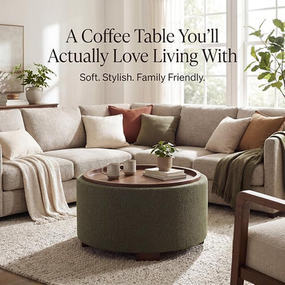 Zihanhome 30 Inch Round Storage Ottoman Coffee Table, Modern Boucle Ottoman with Lift-Off Lid and Solid Wood Legs for Living Room, Bedroom, Corners, Apartments (Green)