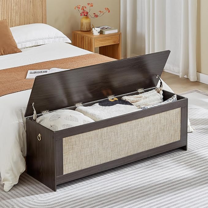 51.2" Storage Chest Extra Large,Storage Bench with 2 Safety Hinges,Wooden Shoe Bench,51.2x15.7x18.3 Inch,Easy Assembly,Storage Bench for Bedroom,Living Room,entryway(Obsidian Black)