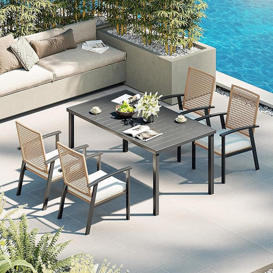 Aoxun 5-Piece Patio Table and Chairs Set for 4 with Umbrella Hole, Outdoor Dining Set with 6 Wicker Chairs and 1 Rectangular Metal Table, Patio Dining Sets with Soft Cushion for Backyard, Garden