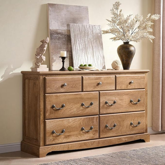 T4TREAM Farmhouse Dressers & Night Stand Set of 3, 54" Wide 7 Drawer Dresser & 18" Wide 2 Drawers Side Table Set of 2, Furniture Dresser Sets for Home, Light Knotty Oak