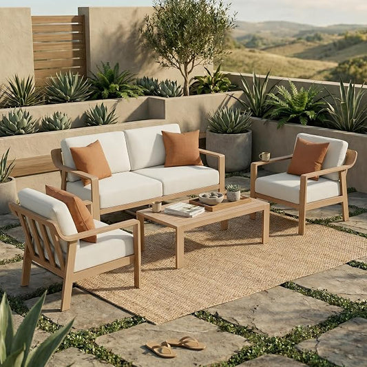 KISLOT Aluminum Outdoor Patio Furniture Set with Coffee Table,4 Seater Patio Conversation Sets with Washable Thick Cushions,Outdoor Sectional Furniture Set for Poolside, Balcony,Wood-Grain Frame