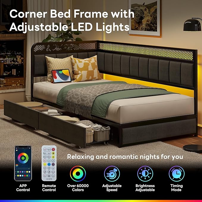 LIKIMIO Twin XL Corner Bed Frame, Modern Daybed with Upholstered Guardrail | Under-Bed Storage Drawers, Built-in Charging Station, Adjustable Smart LED Lights, Gray