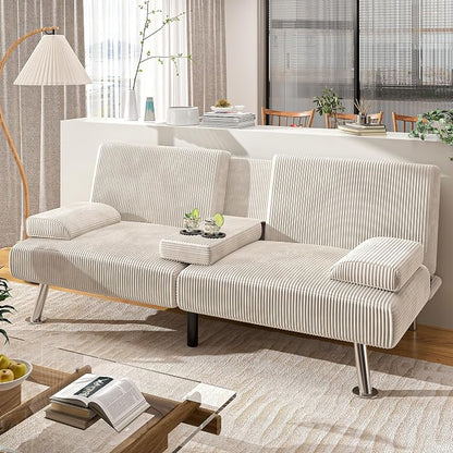 Shahoo Modern Upholstered Convertible Folding Futon Sofa Bed with Removable Armrests, Metal Legs, 2 Cup Holders for Living Room, Beige