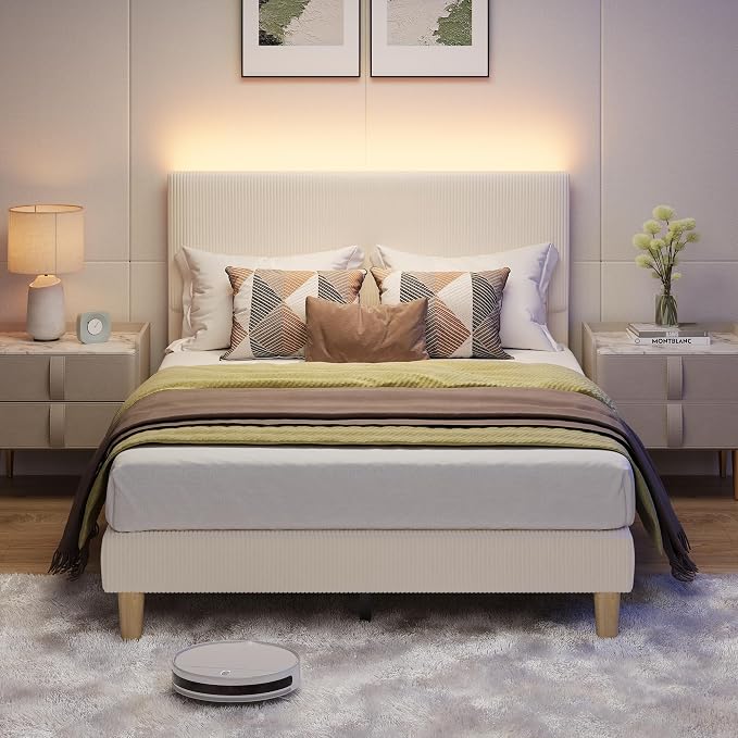 Bestier Full Bed Frame with Adjustable Headboard, LED Lighting, Vertical Channel Tufted Corduroy Upholstered, Solid Wooden Slats Support, No Box Spring Needed, Never Squeaks, Easy Assembly, Beige