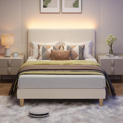 Bestier Full Bed Frame with Adjustable Headboard, LED Lighting, Vertical Channel Tufted Corduroy Upholstered, Solid Wooden Slats Support, No Box Spring Needed, Never Squeaks, Easy Assembly, Beige