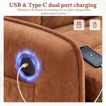 ERYE Modern Foldable Chair Sofa Convertible Pull Out Sleeper Sofabed,Single Seat Tufted Upholstered Sofa Convertible Chaise Lounge Bed with USB-Ports and Side Pockets