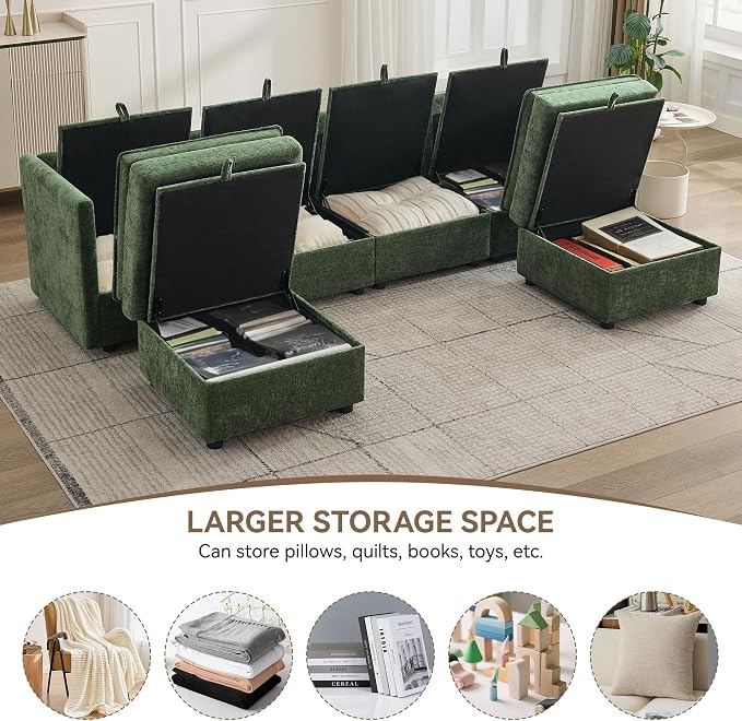 105" Cloud Modular 4 Seater Sofa with 2 Storage Ottoman, Modern Upholstered Sofa Storage Sofa Couch Deep Seat, U Shape Sectional Sofa Chenille Comfy Couch with Armrests for Living Room, Green