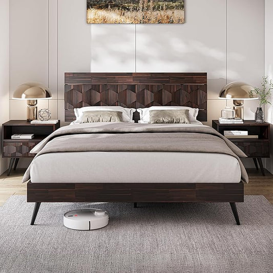 Bme Georgina Signature Bed Frame with Handcrafted Geometric Headboard, Mid Century Modern, Solid Acacia Wood, No Box Spring Needed, 12 Strong Wood Slats Support, Easy Assembly, Walnut, Queen