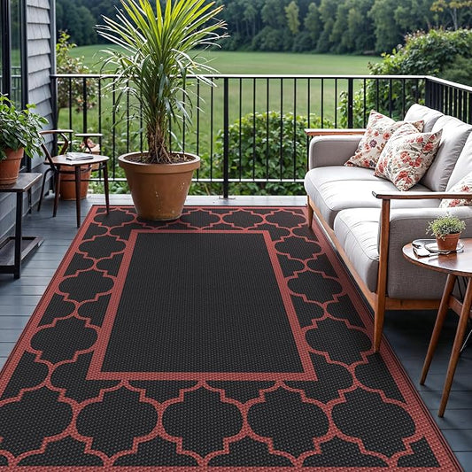 GENIMO 6' x 9' Outdoor Rug Waterproof for Patio Decor, Foldable Reversible Plastic Straw Area Rugs Mat for Camper, Outside Carpet for Rv, Deck, Porch, Picnic, Beach, Balcony, Black & Red