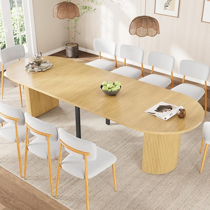 weselon 42"-120" Extendable Dining Table for 4-14, Expandable Oval Dining Room Table with Fluted Pedestal Base & Reinforced Metal Support Leg, Extra Large Modern Kitchen Table (Natural)