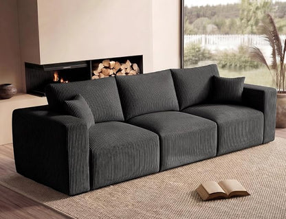 Modular Sectional Sofa, 115" Memory Foam Cloud 3-Seater Boneless Couch, Cozy Upholstered Corduroy Frameless Sofa, No Assembly Required Extra Wide Seating for Living Room & Apartment, Black