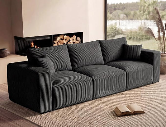 Modular Sectional Sofa, 115" Memory Foam Cloud 3-Seater Boneless Couch, Cozy Upholstered Corduroy Frameless Sofa, No Assembly Required Extra Wide Seating for Living Room & Apartment, Black