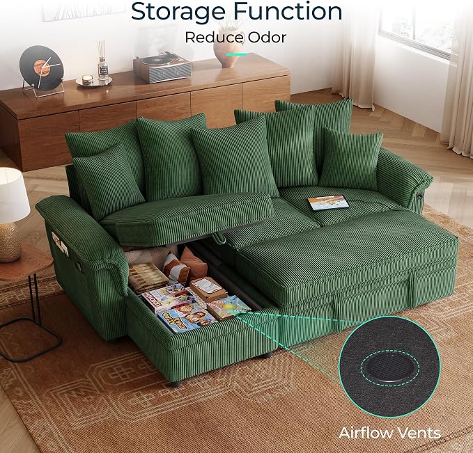 LINSY HOME 90.5'' Sectional Sleeper Sofa with Pull Out Couch Bed Modular (Green, 90.5'') | USB Charging