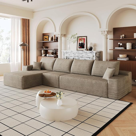 135" Oversized Cloud Sectional Couch Boneless Sofa for Living Room, Fluffy Corduroy Corner Couch with Deep Seat, Compressed Modular Sectional Sofa with L-Shaped Chaise, No Assembly Required