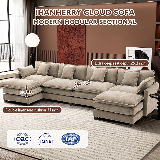 Ihanherry 146" U-Shaped Modern Sofa Modular Sectional Luxurious and Comfortable with 2 Ottoman, 6-Seat Chenille Deep Seat Sofa with 6 Pillows for Living Room, Bedroom and Apartment, Sand