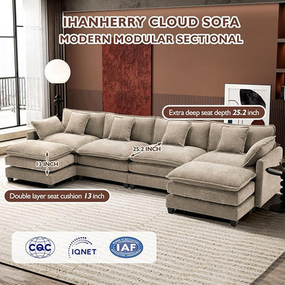 Ihanherry 146" U-Shaped Modern Sofa Modular Sectional Luxurious and Comfortable with 2 Ottoman, 6-Seat Chenille Deep Seat Sofa with 6 Pillows for Living Room, Bedroom and Apartment, Sand