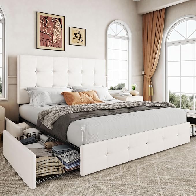 Allewie Upholstered Queen Size Platform Bed Frame with 4 Storage Drawers and Adjustable Headboard, Square Button Tufted, Wooden Slats Support, Noise-Free, No Box Spring Needed, Easy Assembly, White