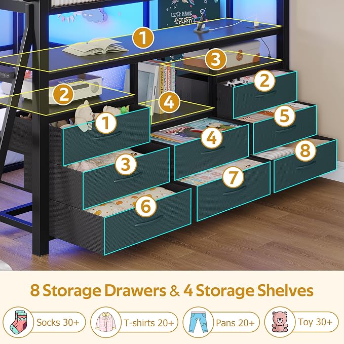 busyaeh Bunk Bed Full Over Twin,Low Bunk Bed with 8 Drawer & 4 shelve,Black | bunk bed with Desk, 15" H Safety Guardrail & LED Lights and Charging Station,L-Shaped Bunk Beds with Stairs,toddler bunk bed