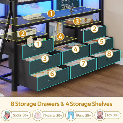 busyaeh Bunk Bed Full Over Twin,Low Bunk Bed with 8 Drawer & 4 shelve,Black | bunk bed with Desk, 15" H Safety Guardrail & LED Lights and Charging Station,L-Shaped Bunk Beds with Stairs,toddler bunk bed