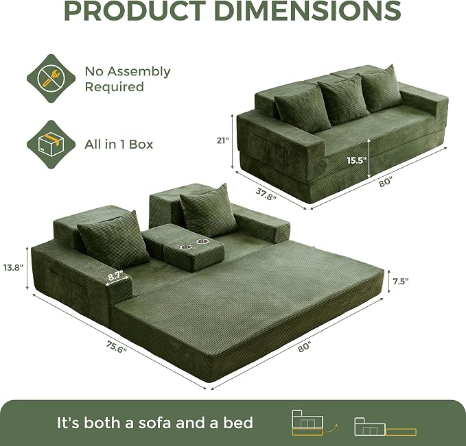 MAXYOYO Convertible Sofa Bed, 80" Oversized Boneless Loveseat Couch 4 in 1 Foldable Floor Sofa Couch in A Box with 2 Cup Holders, Folding Chair for Living Room, No Assembly Required, Green