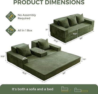 MAXYOYO Convertible Sofa Bed, 80" Oversized Boneless Loveseat Couch 4 in 1 Foldable Floor Sofa Couch in A Box with 2 Cup Holders, Folding Chair for Living Room, No Assembly Required, Green