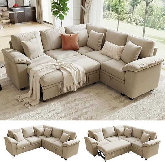 86" Modular Sectional Sleeper Sofa with Pull Out Bed, L Shaped 5 Seat Couch with 151L Storage, Convertible Cloud Couch Bed, Sectional Couches for Living Room, Apartment (Sand)