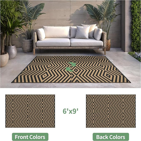 GENIMO Outdoor Rug for Patio Clearance, 6'x9' Reversible Plastic Straw Rugs, Lightweight Waterproof Modern RV Camping Mat for Camper, Balcony, Deck, Backyard, Picnic, Black Brown