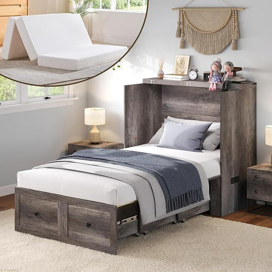 LUXOAK Twin Murphy Bed with 6" Tri-Fold Memory Foam Mattress, Storage Drawer & Charging Station, Space-Saving Design for Home Office or Guest Room, Rustic Grey